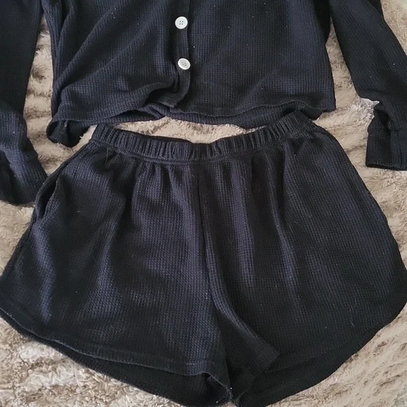 Comfy Cozy Black Knit Button Up Top & Short Lounge Set - Picture 2 of 4